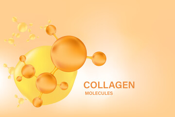 Beige, brown shiny molecule, futuristic background for beauty treatment nutrition skincare backdrop with copy space. Collagen, peptide or hyaluronic acid structure with gold bubble serum formula.