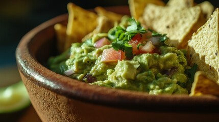 A bowl of guacamole surrounded by tortilla chips, garnished with tomatoes and cilantro.
