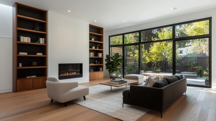 Modern Living Room with Fireplace and Large Windows