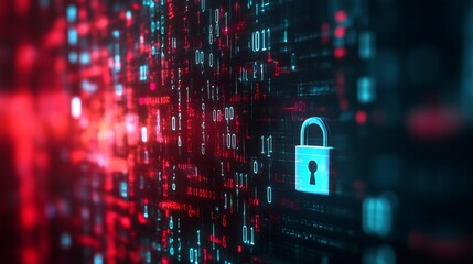 Digital padlock on a dark background with binary code and red and blue lights.