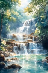 Mesmerizing Waterfall in Lush Tropical Jungle Landscape