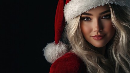 Glamorous blonde woman dressed as Santa Claus, posing on a black background, exuding holiday spirit.
