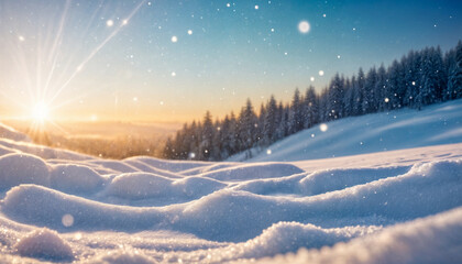 Obraz premium Winter snow background with snowdrifts, with beautiful light and snow flakes on the blue sky, beautiful bokeh circles, banner format, copy space.
