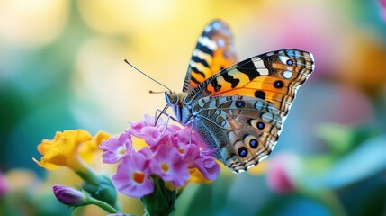 Obraz premium A vibrant butterfly perched on colorful flowers, showcasing nature's beauty.
