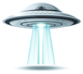 Fotobehang PNG Futuristic UFO with glowing beam © Rawpixel.com