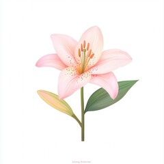 Naklejka premium Delicate pink lily flower illustration with soft petals and green leaves, perfect for floral designs and botanical art.