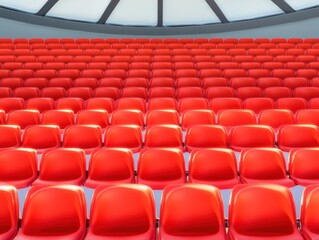 Naklejka premium A vibrant arrangement of red chairs in a spacious auditorium, perfect for showcasing modern architecture and design.
