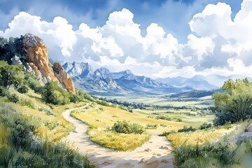 Serene Watercolor Depiction of Pai Canyon Trails and Majestic Mountain Views