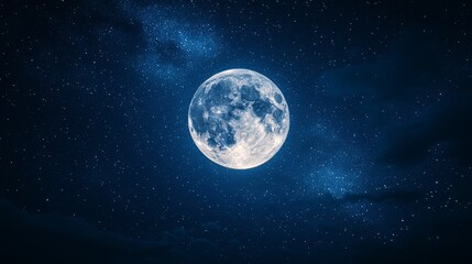 High resolution image of a full moon surrounded by twinkling stars against a dark blue sky. Perfect for designing a wall art piece for a bedroom or living room that feels calm and spacious.