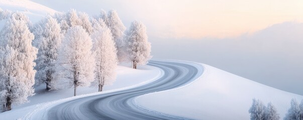 Serene winter landscape with a winding road and frosted trees under a soft pastel sky, evoking tranquility and natural beauty.