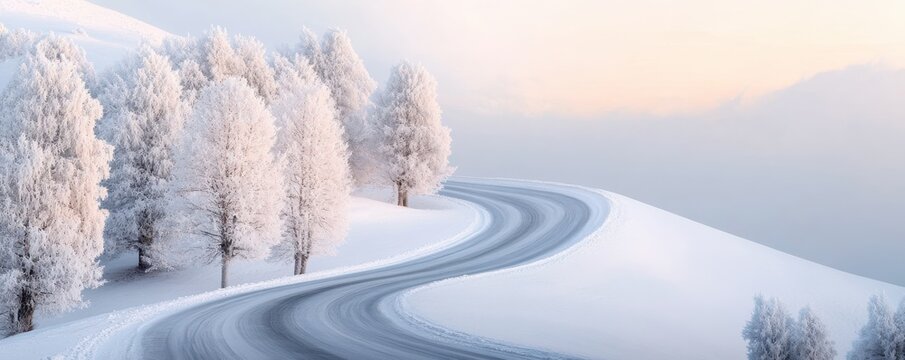 Serene winter landscape with a winding road and frosted trees under a soft pastel sky, evoking tranquility and natural beauty.