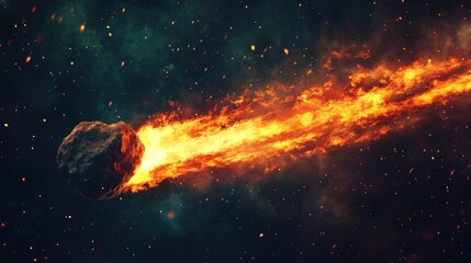 Bright flaming asteroid burning through space at high speed, trailing a wake of cosmic debris and fire