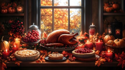 Fototapeta premium A cozy set of Thanksgiving illustrations featuring a traditional dinner table with roasted turkey, pies, and fall decorations. Warm colors and autumn leaves.
