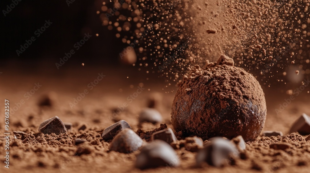 Poster A close-up of a chocolate truffle surrounded by cocoa powder and chocolate pieces.