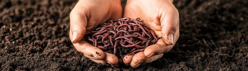 A person holds a handful of earthworms, symbolizing composting and sustainable gardening practices. Nature's recyclers in action.