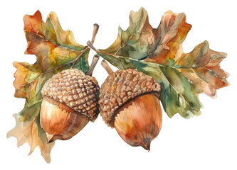 Fototapeta premium PNG 2 acorns with 2 oak leaves watercolor art illustration.