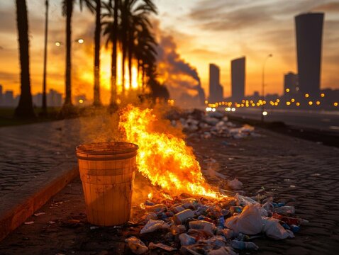 A city park littered with garbage, with smoke from burning waste