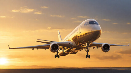 Obraz premium An airplane making its landing in airport, silhouetted against a dramatic sunset sky.