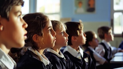 Obraz premium A group of young students in uniform attentively listening in a classroom, bathed in natural sunlight, highlighting their focused expressions.