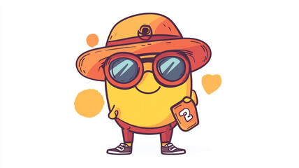 Fototapeta premium A cheerful yellow cartoon character in sunglasses and a hat holding a phone in summer vibes