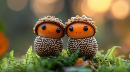 Fototapeta premium Two smiling acorns with cute eyes