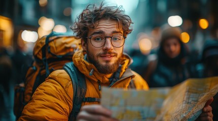 Young Traveler Navigates City Streets with Map in Hand
