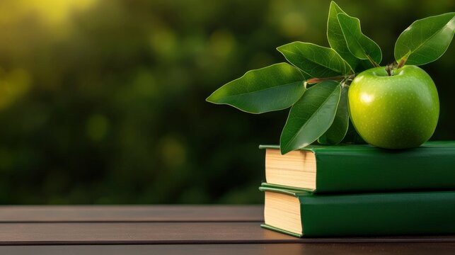 Green Apple on a Stack of Books with Green Leaves and a Blurred Background