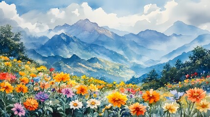 Fototapeta premium Vibrant Floral Landscape with Majestic Mountain Views in Watercolor Painting