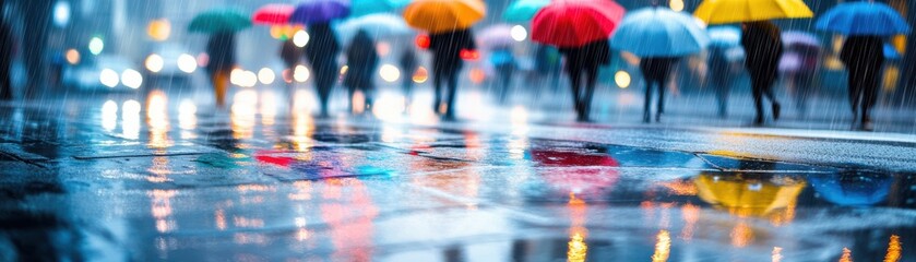 Fototapeta premium Colorful umbrellas brighten a rainy urban scene, reflecting on wet pavement as people stroll through the city.