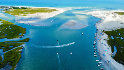 Mason's Inlet with boats along the shore in Wilmington, North Carolina