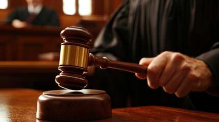 Judge in a courtroom, delivering a ruling from the bench with a gavel in hand