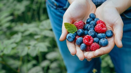 A pair of hands cradles a bunch of fresh berries, including blueberries and raspberries, amidst a lush green garden, symbolizing the bounty of nature.