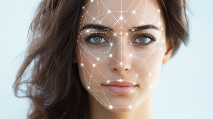 Facial recognition system. Woman with digital biometric grid on light background, beauty artificial intelligence, skin analyse system
