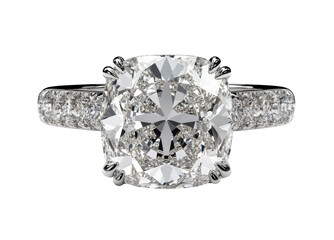 A stunning diamond engagement ring featuring large, sparkling center stone surrounded by smaller diamonds on band, radiating elegance and luxury. Perfect for special occasions. 