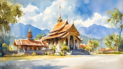 Naklejka premium Peaceful Impressionist Watercolor of Ornate Temples in Chiang Mai,Thailand
