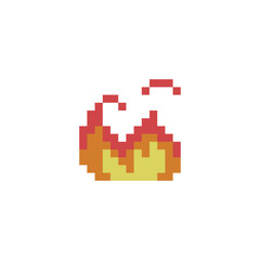 Pixel art fire icon. Knitted design.  Isolated vector illustration. 8-bit sprite. Old school computer graphic style.