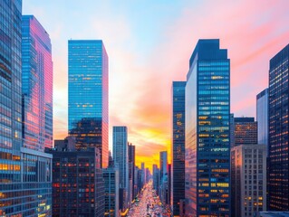 Obraz premium Stunning city skyline at sunset with colorful clouds and vibrant buildings creating a breathtaking urban landscape.
