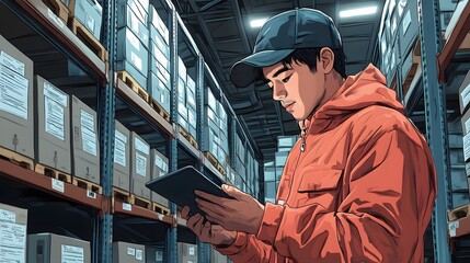 Fototapeta premium Warehouse worker reviewing inventory lists on a tablet, surrounded by storage racks, illustrated in a detailed cartoon style.