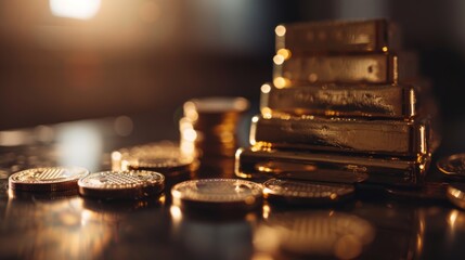 Stacks of gold bars and scattered coins are bathed in warm light, evoking a sense of wealth, prosperity, and financial abundance.