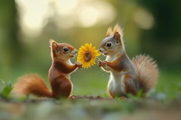 Capture the heartwarming scene of two squirrels, one red and one grey, sharing a bright yellow sunflower.