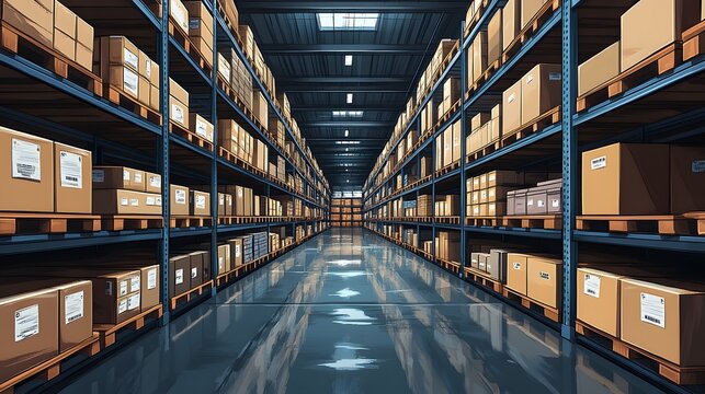 A warehouse worker scanning packages with a barcode scanner, moving efficiently through aisles, illustrated in a fresh cartoon vector style.