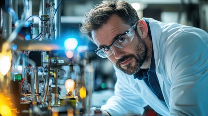 Innovative scientist examining an unusual but groundbreaking prototype in a high-tech lab with an expression of excitement and curiosity