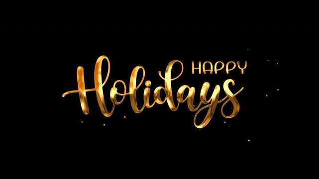 Gold cursive text on a black background with happy holidays is great for festive greeting cards, social media posts, or website banners.