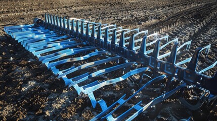 A modern farming implement lies ready in a freshly tilled field, showcasing precision and readiness for agricultural endeavors.
