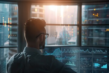 Fototapeta premium A businessman analyzes data on a digital screen, surrounded by a modern city view, showcasing innovation and technology.