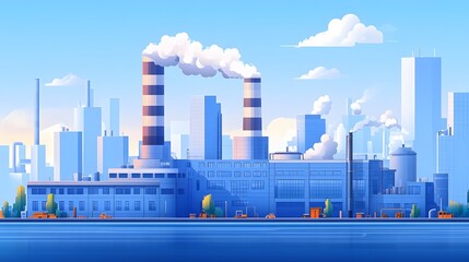 Obraz premium Vector illustration of a factory emitting smoke, located near an urban cityscape with tall buildings, showcasing an industrial landscape with flat geometric shapes.