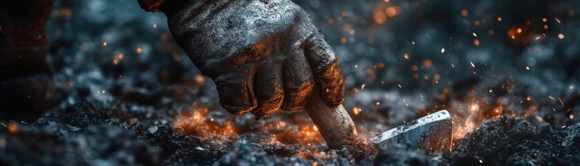 A close-up of a gloved hand touching glowing embers and ash, conveying the intensity of a fire scene in dramatic lighting.