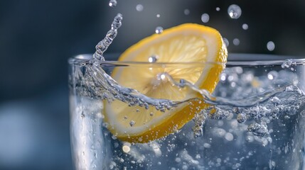 A refreshing glass of water with a lemon slice creating splashes.