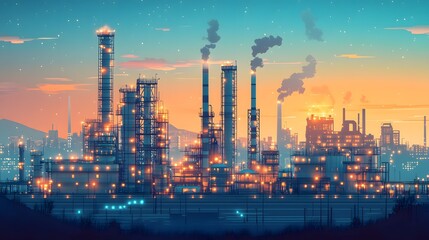 Vector flat illustration of a factory complex with storage tanks and smokestacks, framed by a distant city skyline, using soft colors and clean geometry.