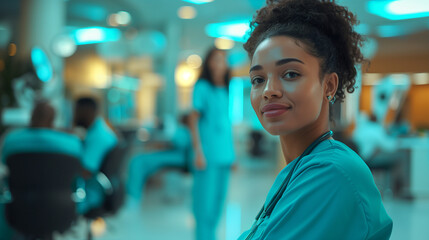 Fototapeta premium Closeup portrait of a mixed race black african american young female doctor. Nurse private hospital smiling. Diversity in healthcare. Team of medical healthcare professionals working with patients. AI